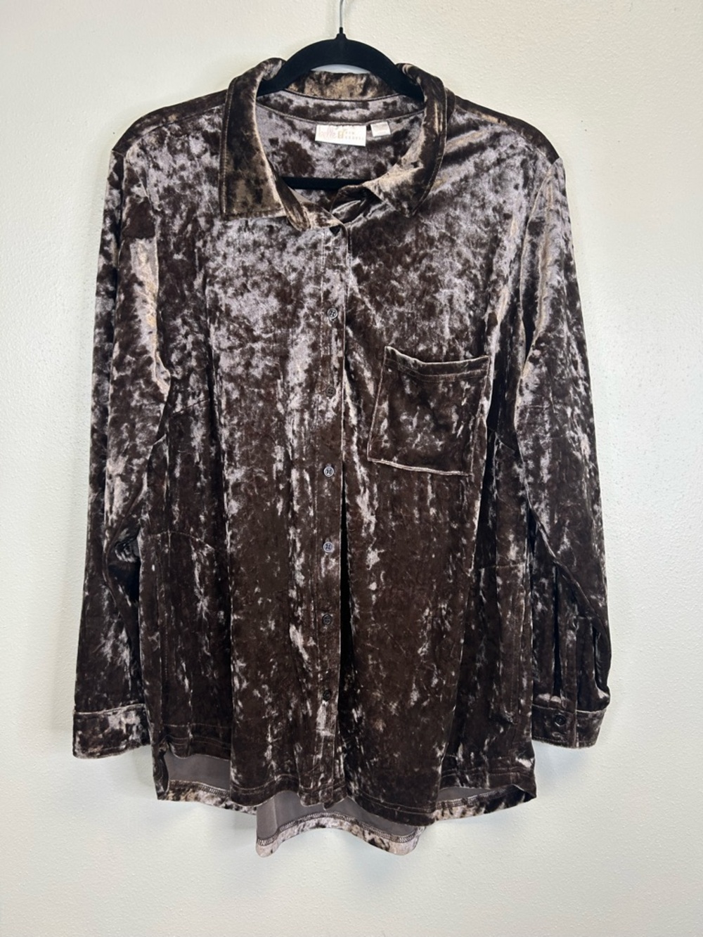 Crushed Velvet Button Up Shirt Size 1X Taupe Brown Boho Artsy Retro Whimsigoth - Picture 2 of 14